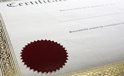 Close-up of a certificate with a gold border and a red embossed seal.